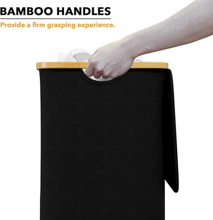SpaceAid Laundry Hamper with Lid, 110L Large Tall Clothes Basket Bin with Bamboo Handles, Collapsible Laundry Hamper for Bedroom, Bathroom, Dorm, Laundry Room - Black