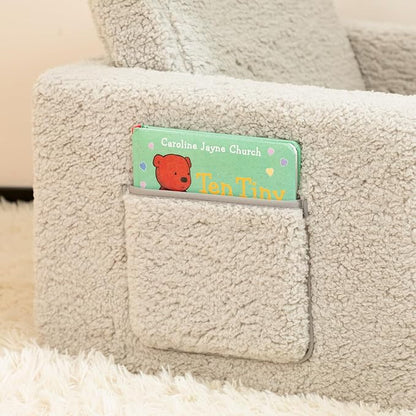 ALIMORDEN 2-in-1 Flip Out Cuddly Sherpa Toddler Couch, Convertible Sofa to Lounger, Light Grey