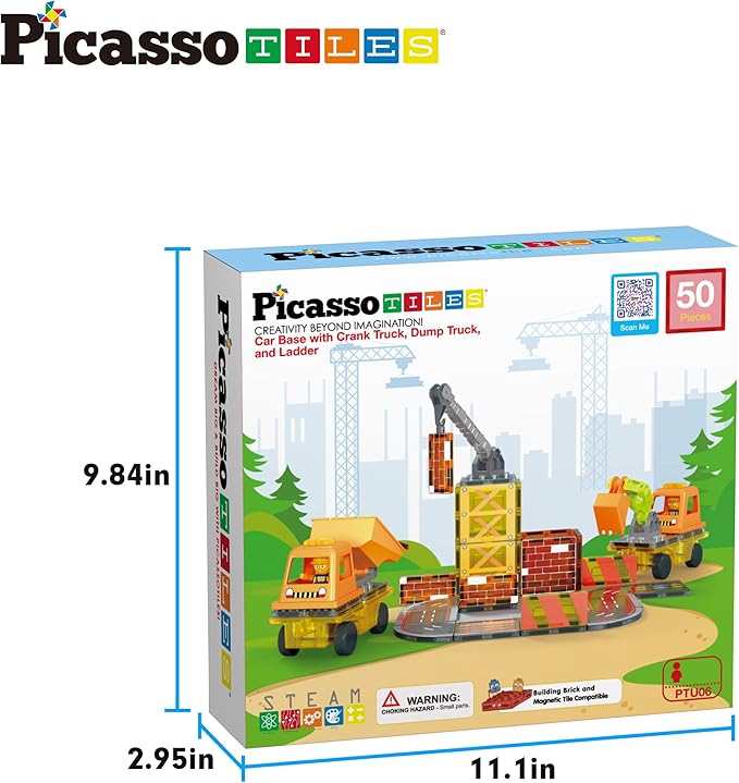 PicassoTiles Magnet Tile Construction Themed Building Blocks 5-in-1 Crane, Ladder, Dump Truck, Excavator, and Backhoe Action Figures, 2 Car Base Vehicles Magnetic Tiles Learning Toys Kids Ages3+ PTU06