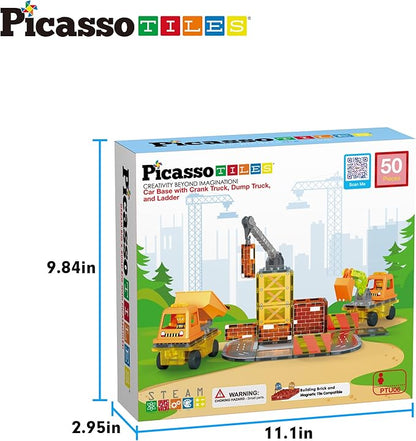 PicassoTiles Magnet Tile Construction Themed Building Blocks 5-in-1 Crane, Ladder, Dump Truck, Excavator, and Backhoe Action Figures, 2 Car Base Vehicles Magnetic Tiles Learning Toys Kids Ages3+ PTU06