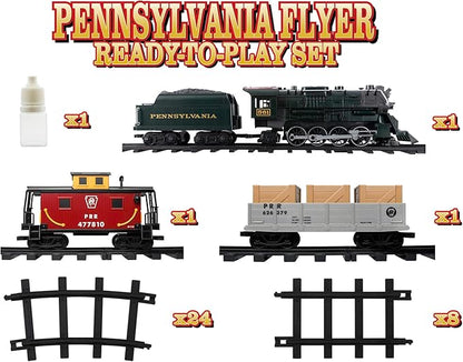 Lionel Battery-Operated Pennsylvania Flyer Freight Toy Train Set with Bluetooth, Locomotive, Train Cars, & Track with Authentic Train Sounds, Lights, & Water Vapor Smoke Effects for Kids 4+