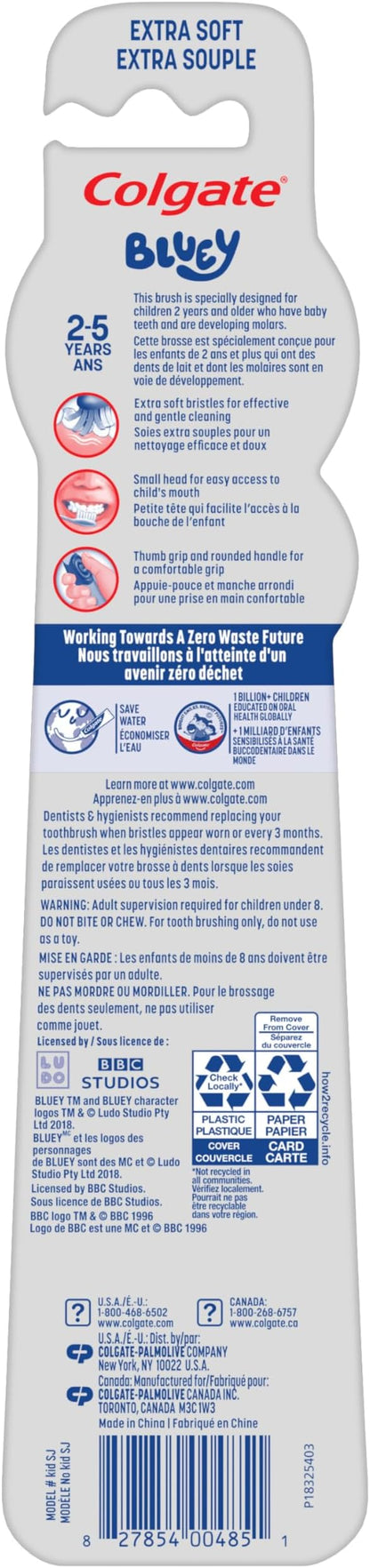 Colgate Bluey Extra Soft Toothbrush for Kids, Kids Toothbrush Pack with Built in Suction Cup Toothbrush Holder, Designed for Children Ages 2 and Up, Extra Soft Bristles, 2 Count (Pack of 5)