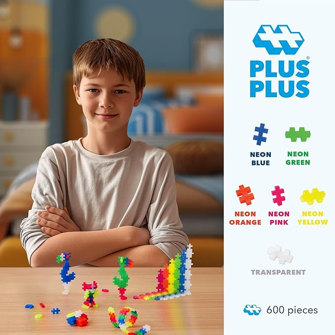 PLUS PLUS - Open Play Set - 600 Piece - Neon Color Mix, Construction Building Stem Toy, Interlocking Mini Puzzle Blocks for Kids