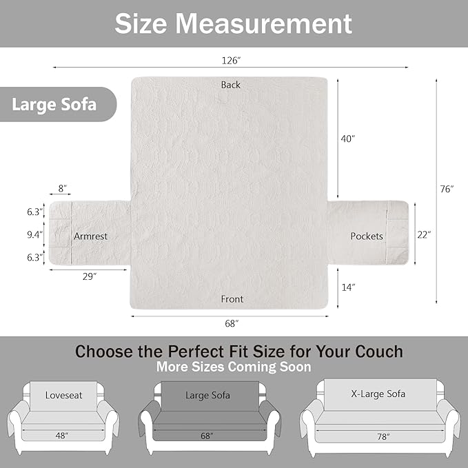 Quilted Sofa Slipcovers with Pockets, Anti-Slip Medallion Designed Couch Covers for 3 Cushion Sofa, Couch Cover for Dogs Cats Water-Repellent Machine Washable (Large Sofa 68", White)