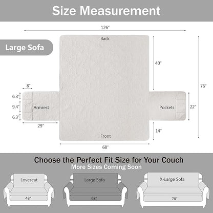 Quilted Sofa Slipcovers with Pockets, Anti-Slip Medallion Designed Couch Covers for 3 Cushion Sofa, Couch Cover for Dogs Cats Water-Repellent Machine Washable (Large Sofa 68", White)