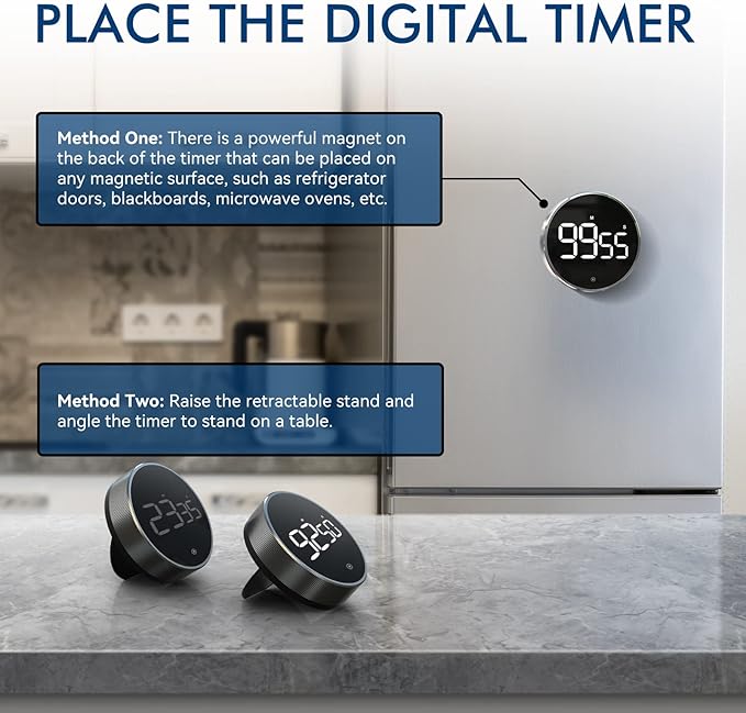 Digital Kitchen Timer, 3.8'' Large LED Display Countdown Countup Timer, Timer for Kids, Classroom Magnetic Timer, Adjustable Volume, Brightness, Easy for Cooking/Study/Office/Exercise (Ridged Knob)