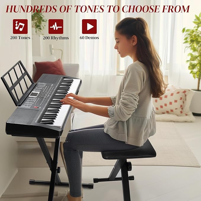 Ktaxon 61 Key Keyboard Piano Electric Keyboard, Electric Piano Set with Headphones, Microphone, Music Rest, Power Adapter, Piano Stand, Piano Bench and Manual (Compact X Stand-Black w/Lighted Keys)