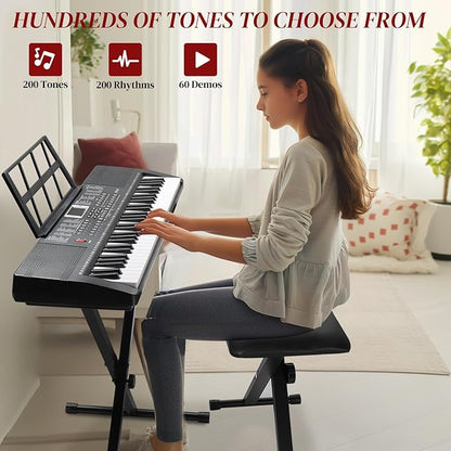 Ktaxon 61 Key Keyboard Piano Electric Keyboard, Electric Piano Set with Headphones, Microphone, Music Rest, Power Adapter, Piano Stand, Piano Bench and Manual (Compact X Stand-Black w/Lighted Keys)