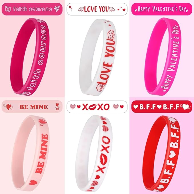 JUNEBRUSHS 42pcs Valentine's Day Party Favors Silicone Bracelets Pink Red Love Heart Rubber Wristbands Accessories for Adults Valentine's Day Party Decorations Gift (6 Designs)