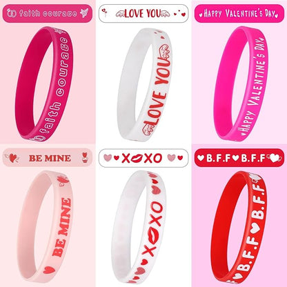 JUNEBRUSHS 42pcs Valentine's Day Party Favors Silicone Bracelets Pink Red Love Heart Rubber Wristbands Accessories for Adults Valentine's Day Party Decorations Gift (6 Designs)