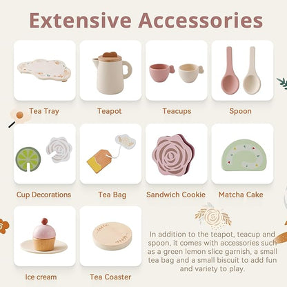 Tea Party Set for Kids - Wooden Tea Set for Little Girls 15PCS Silicone Toddler Tea Set Kitchen Accessories Pretend Play Toy Tea Set for Toddlers - Birthday Gift