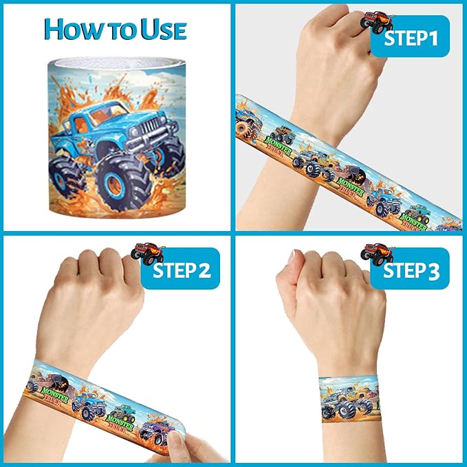 Monster Truck Party Favors, 24 Pcs Monster Truck Slap Bracelets 50 Pcs Monster Truck Stickers Monster Truck Birthday Party Decorations Supplies Gifts for Kids Boys Classroom Rewards