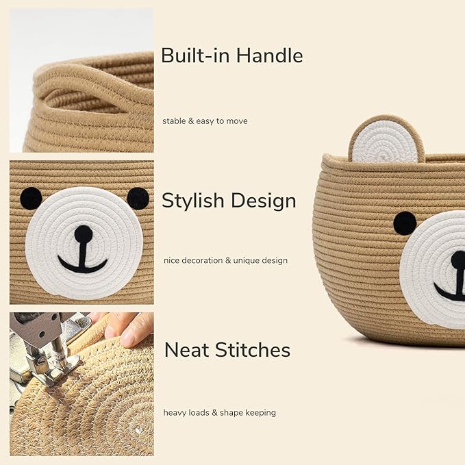 CherryNow Baby Basket for Newborn, Empty Baskets for Gift, Medium Animal Basket for Toy Clothes Towel, Woven Rope Bear Baskets for Kids, Brown, 15.7"D x 10.5"H