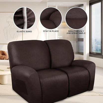 Loveseat Recliner Cover Leather Look Recliner Loveseat Covers Recliner Sofa Cover for 2 Seater Reclining Couch Spandex Fabric Washable 6 Pieces (2 Seater, 01 Chocolate)