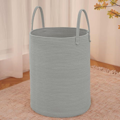 JMvicyroam Large Woven Laundry Basket Hamper,60L Cotton Rope Storage Bin for Blankets,Toys and Clothes,Decorative Tall Nursery Hamper for Living Room,Baby Nursery,Bathroom and Bedroom,Grey