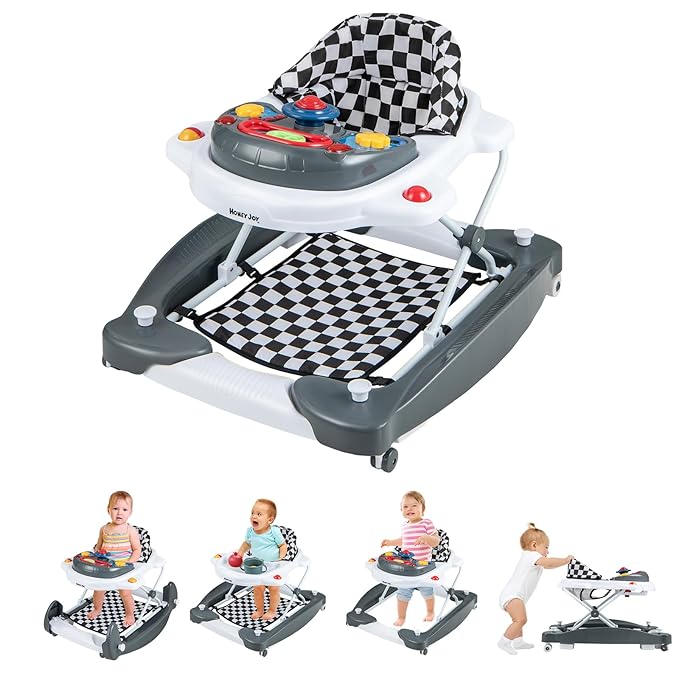 HONEY JOY Baby Walker, 6-in-1 Foldable Baby Walker and Bouncer Combo, Infant Activity Walker with Wheels, Adjustable Heights, Rocker, Music, Lights, Walker for Baby Boy Girl 7-14 Months (Gray)