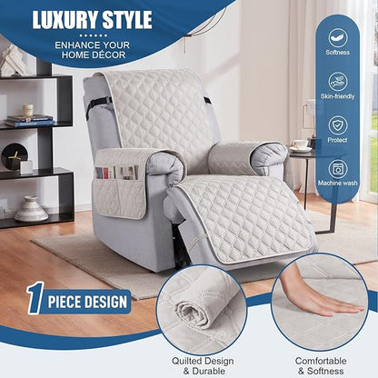 TAOCOCO 100% Waterproof Recliner Covers, Recliner Sofa Covers with Leg Straps, Reversible Recliner Couch Cover for Reclining Chair, Washable Couch Protector for Pets Kids(1 Seater 22", Off Whit)