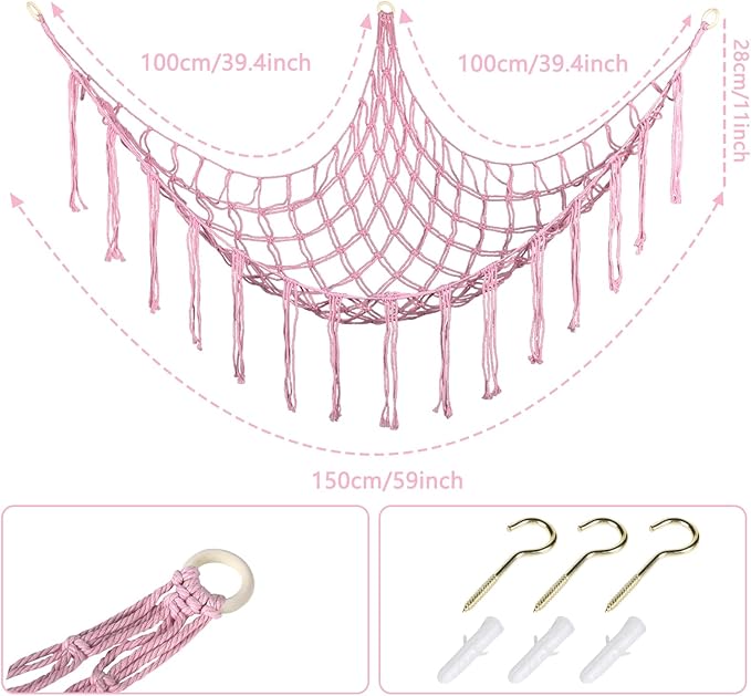 Boho Stuffed Animals Net or Hammock Large,55 inch Toy Hammock Macrame Stuff Animal Storage Corner Hanging Net Holder,Mesh Hammock Plush Toy Organizer with Hooks for Bedroom,Nursery (Light Pink)