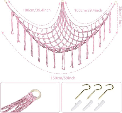 Boho Stuffed Animals Net or Hammock Large,55 inch Toy Hammock Macrame Stuff Animal Storage Corner Hanging Net Holder,Mesh Hammock Plush Toy Organizer with Hooks for Bedroom,Nursery (Light Pink)