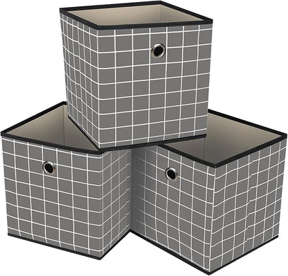 Foldable Storage Cubes Bins,11 Inch Cloth Storage Cube Fabric Storage Box Cubes Organizer Baskets with Dual Handles for Home Organizer Set of 3 (Grey grid)