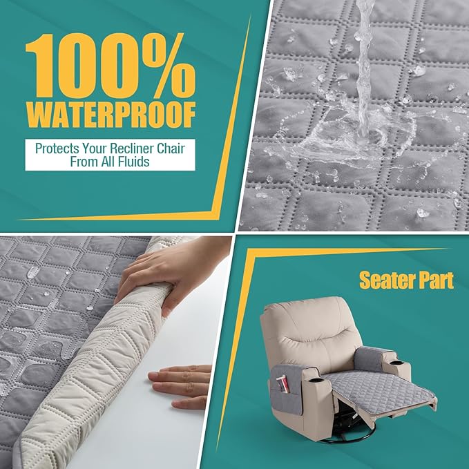 Ruaozz Waterproof Recliner Chair Covers Non Slip Chair Covers Recliner Seat Cover with Arms Washable Recliner Covers for Reclining Chair with Pocket, Covers for Recliner Chair (Light Grey, Small-22'')