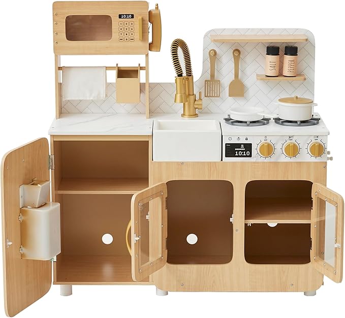 Teamson Kids Little Chef Cyprus Medium Wooden Play Kitchen with Interactive, Realistic Features, and 14 Kitchen Accessories for 3yrs and up, Light Oak/Faux White Marble/Gold