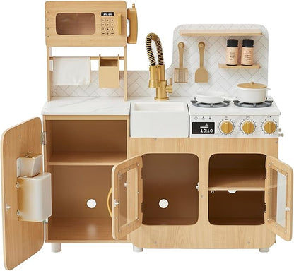 Teamson Kids Little Chef Cyprus Medium Wooden Play Kitchen with Interactive, Realistic Features, and 14 Kitchen Accessories for 3yrs and up, Light Oak/Faux White Marble/Gold