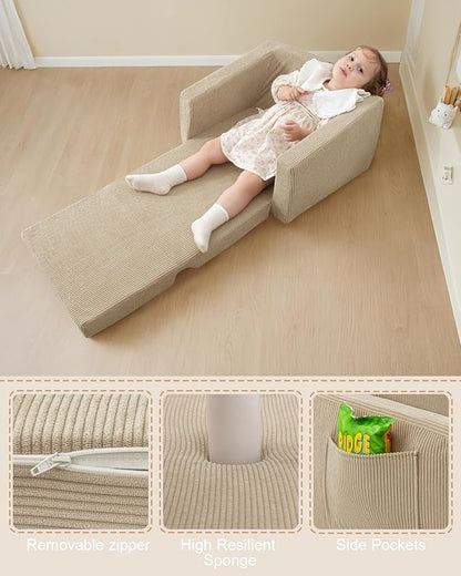 Toddle & Kids Chair,2-in-1 Soft Toddler Couches That Fold Out,Toddler Chairs Comfy 1-3 Years Old,Convertible Sofa to Lounge,Beige