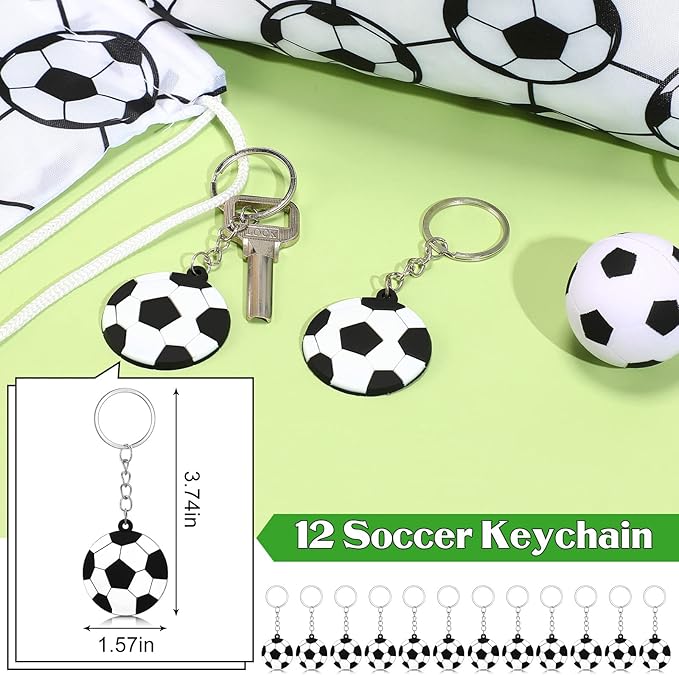 48 Pcs Soccer Party Favors Supplies, 12 Soccer Silicone Bracelet 12 Soccer Drawstring Treat Bag 12 Mini Soccer Stress Ball and 12 Soccer Keychains for Birthday Soccer Party Decorations Gift Kids