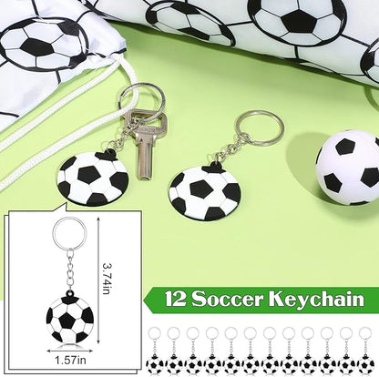 48 Pcs Soccer Party Favors Supplies, 12 Soccer Silicone Bracelet 12 Soccer Drawstring Treat Bag 12 Mini Soccer Stress Ball and 12 Soccer Keychains for Birthday Soccer Party Decorations Gift Kids