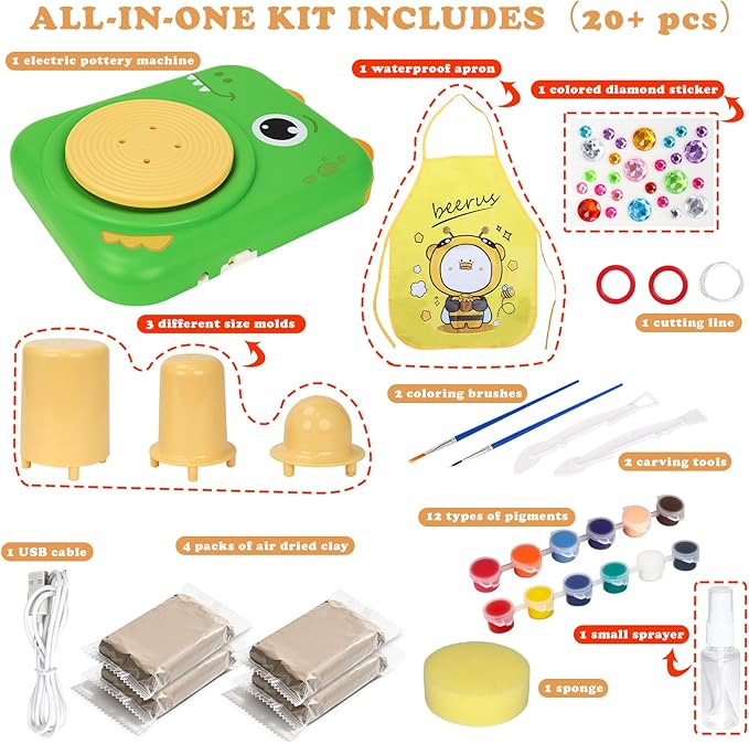 YOOIU Pottery Wheel for Kids, Complete Pottery Making Kit for Kids Ages 6-12, STEM Toys Arts Crafts with 4 Air-Dry Clays, Electric Children's Art Supplies Toy Birthday Gift for Girls 6-8-12