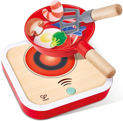 Hape: Interactive Stove Set - Light & Sound, Wooden Cooking Kitchen Play Set, 7pc Felt Food Accessories, Chef Realistic Pretend Play Toy, Kids Ages 3+