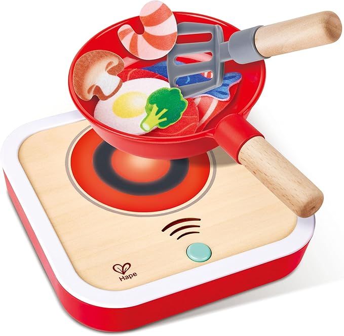 Hape: Interactive Stove Set - Light & Sound, Wooden Cooking Kitchen Play Set, 7pc Felt Food Accessories, Chef Realistic Pretend Play Toy, Kids Ages 3+