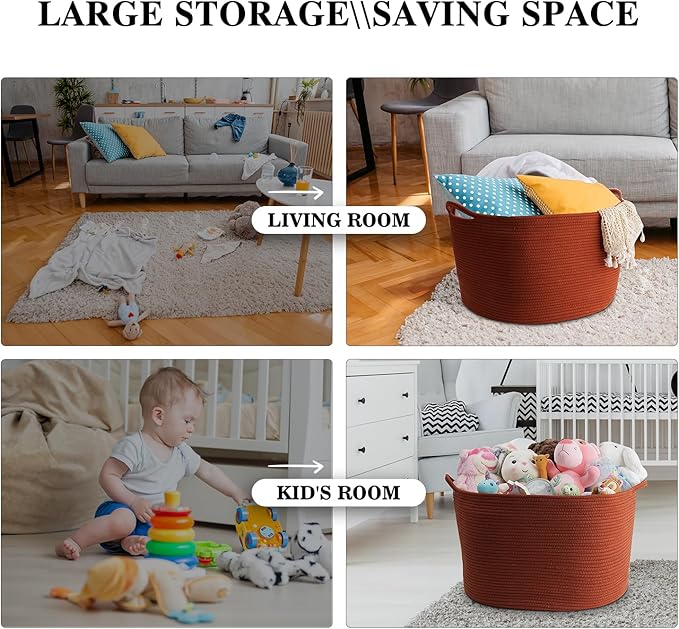 XXL Large Cotton Rope Basket - Maliton Large Storage for Blankets, Towels, Pillows - Round Toy Basket - Woven Laundry Hamper with Handles - 22" x 22" x 14" Nursery Hamper Bin, Burnt Orange