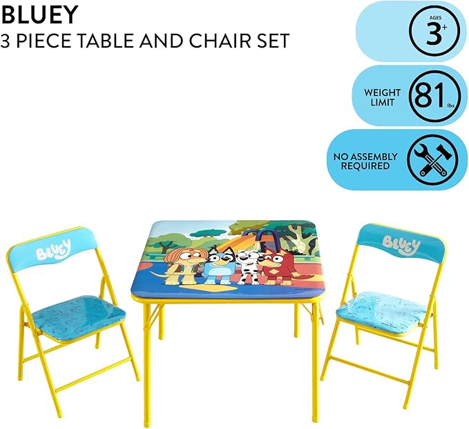 Idea Nuova Bluey 3 Piece Children's Activity Square Table and 2 Folding Chairs Set, Ages 3+