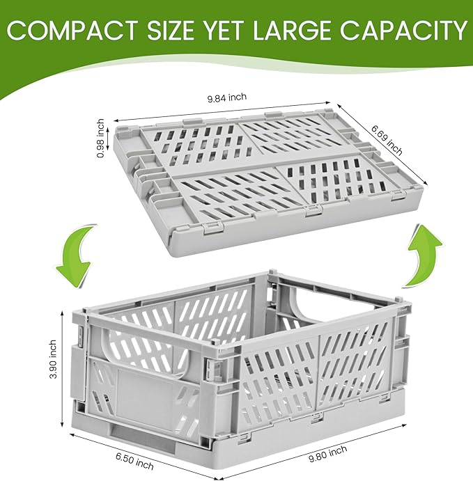 HUUSMOT 4-Pack Small Pastel Plastic Storage Baskets, Collapsible Crates for Organizing, Space-Saving Mini Bins for Classroom, Kitchen, Office, Bedroom (Grey, 9.8" x 6.5" x 3.8")