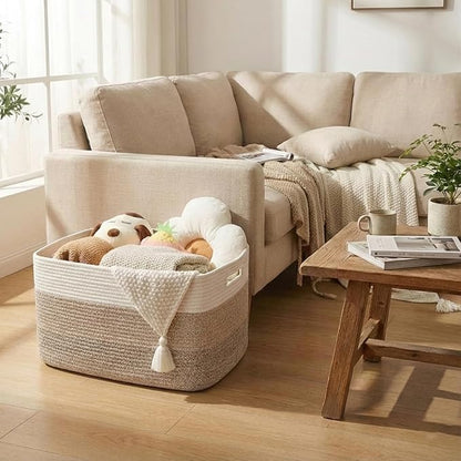 JMvicyroam Woven Blanket Basket,96L Large Storage Bin for Blankets Toys Clothes,Decorative Rope Basket for Living Room Bedroom with Handles, White&Brown