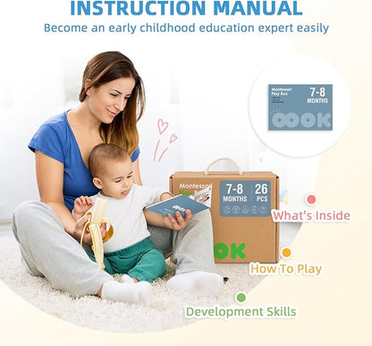Montessori Baby Toys 6-12 Months, 7 in 1 Educational Toys for Toddlers Early Learning Present (Soft Building Blocks, Object Permanence Box, Rattle, Texture Cards, Wooden Egg, Wooden Book)