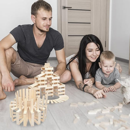 Wooden Plank Building Blocks 200PCS Sensory Toy for Kids, Montessori STEM Playset with Natural Pine Wood Creative Shapes for Educational Preschool Learning 3D Space Stacking Games for Boys Girls