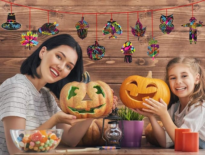 Hohomark Thanksgiving Scratch Off Cards - 24PCS Thanksgiving Crafts for Kids DIY Rainbow Scratch Paper for Thanksgiving Party Thanksgiving Arts and Crafts for Kids