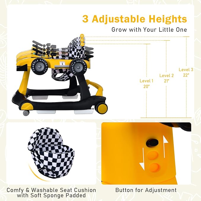 BABY JOY 4-in-1 Baby Walker, Foldable Activity Walker with Adjustable Height & Speed, Music, Lights, Anti-Rollover, Toddler Push Walker, Baby Walker with Wheels for Boys Girls 6-18 Months (Yellow)