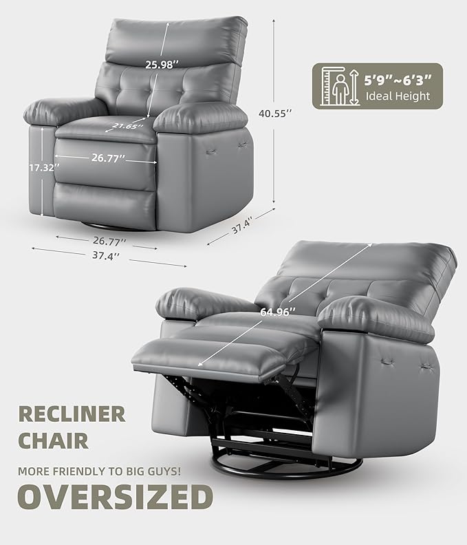Oversized Power Recliner Chair - Electric 360° Rocker Swivel Recliner with Heat and Massage, PU Leather Large Recliners for Adults, Comfortable Lazy Chair with 1.5X Sponge Filling