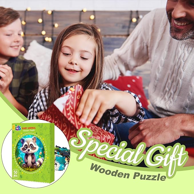 Wooden Jigsaw Puzzles for Kids Ages 4-6, 50 Piece Unique Shape Animal Theme Puzzle - Preschool Learning Educational Toys for Kids 3+, Valentines Day Birthday Easter Gifts for Kids Girls Boys (raccoon)