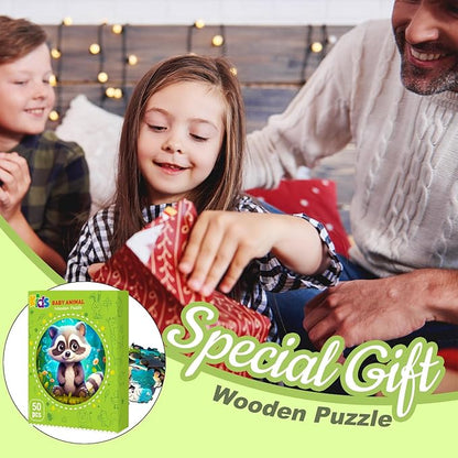 Wooden Jigsaw Puzzles for Kids Ages 4-6, 50 Piece Unique Shape Animal Theme Puzzle - Preschool Learning Educational Toys for Kids 3+, Valentines Day Birthday Easter Gifts for Kids Girls Boys (raccoon)