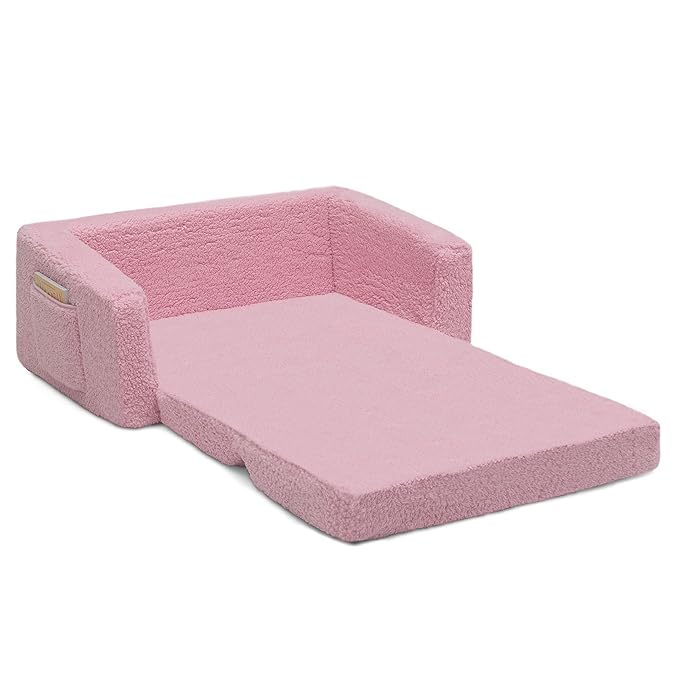 Delta Children Cozee Flip-Out Sherpa 2-in-1 Convertible Sofa to Lounger for Kids, Pink