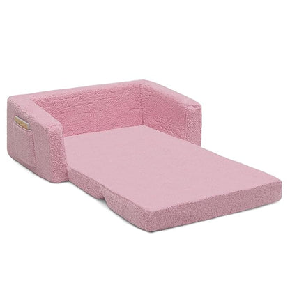 Delta Children Cozee Flip-Out Sherpa 2-in-1 Convertible Sofa to Lounger for Kids, Pink