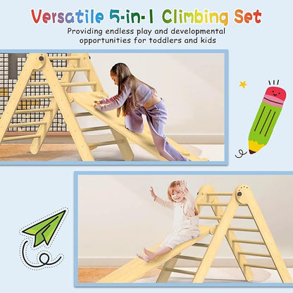 Pikler Triangle Set, 7 in 1 Foldable Climbing Toys Set for Kids, Baby Jungle Gym with Ramp & Arch,Wooden Montessori Climbing Set Indoor for Toddler (Natural)