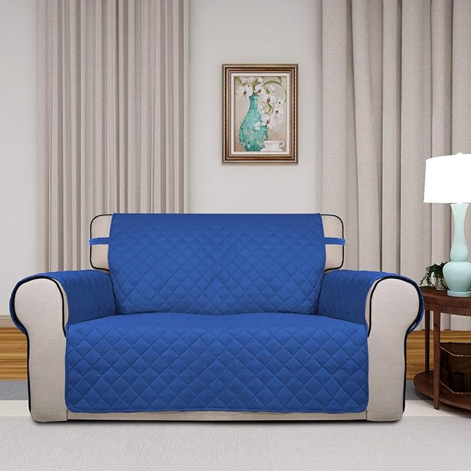 PureFit Reversible Quilted Sofa Cover, Water Resistant Slipcover Furniture Protector, Washable Couch Cover with Non Slip and Elastic Straps for Kids, Pets (Loveseat, Classic Blue/Ivory)