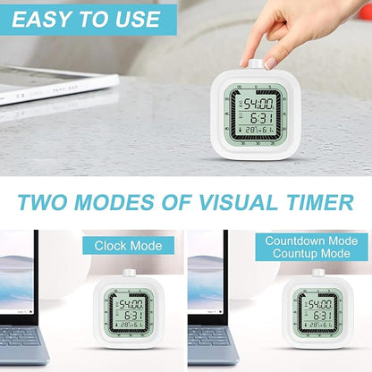 Visual Timer with Alarm Clock Countdown Count-up 1-60 Minutes Kitchen Timer Student Timer Bath Room Timer Clock Sports Timer time Manager with Digital Thermometer Hygrometer (White)