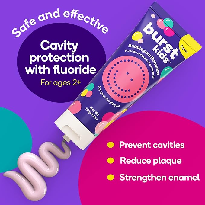 BURST Bubblegum Bonanza Kids Toothpaste with Fluoride (4oz) | Great Tasting | Flavored for Children & Toddlers | Anticavity | Dye Free & Vegan | Safe for Kids Ages 2+